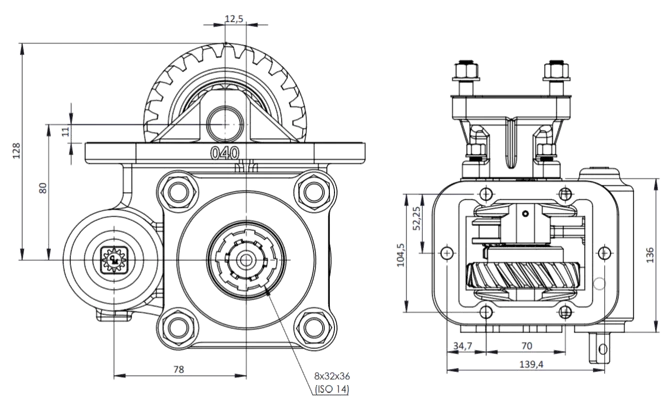 CTM 040 BC1 PTO teknik çizimi — kesit, ölçü ve montaj şeması