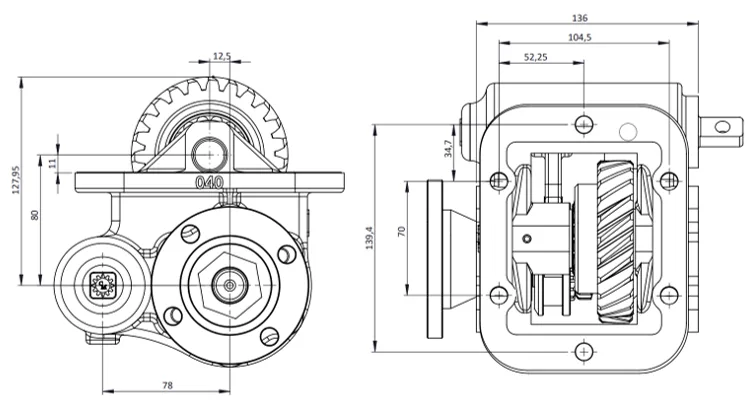 CTM 040 BD PTO teknik çizimi — kesit, ölçü ve montaj şeması