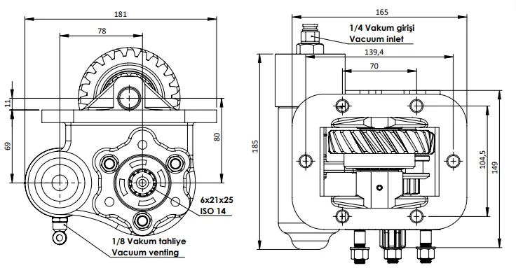 CTM 040 BE KV PTO teknik çizimi — kesit, ölçü ve montaj şeması