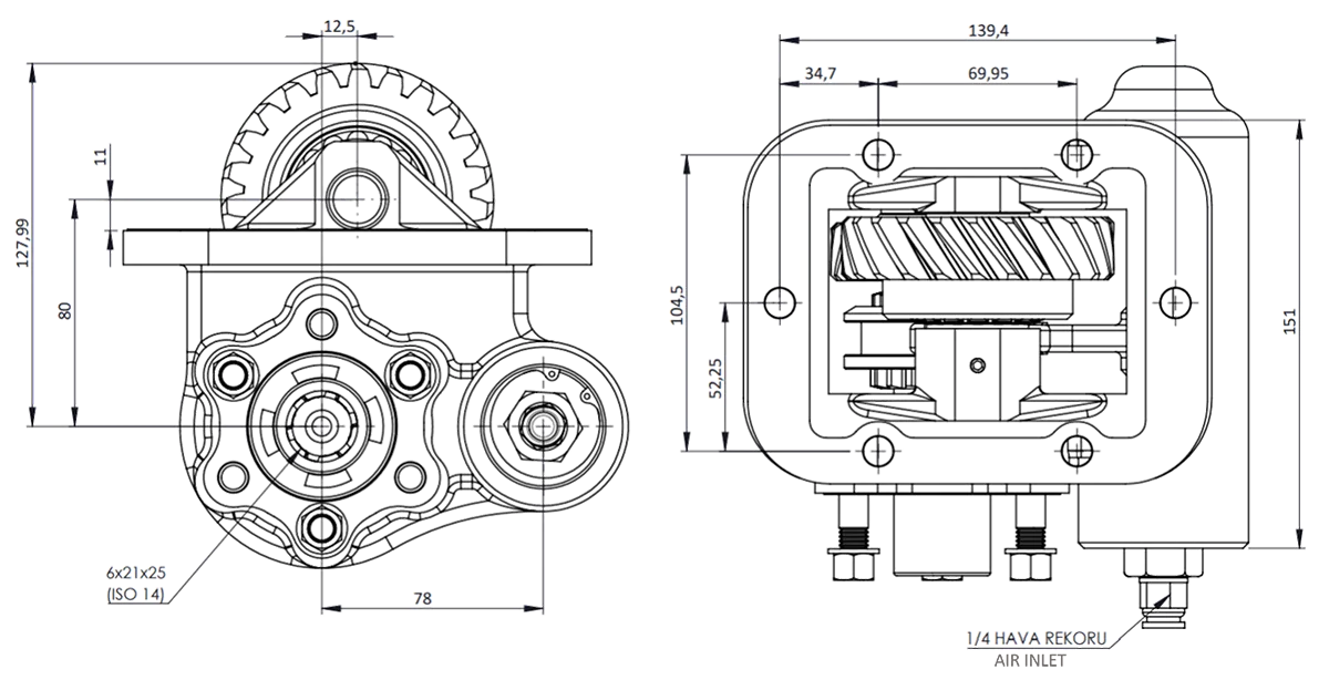 CTM 040 AC2 PTO teknik çizimi — kesit, ölçü ve montaj şeması