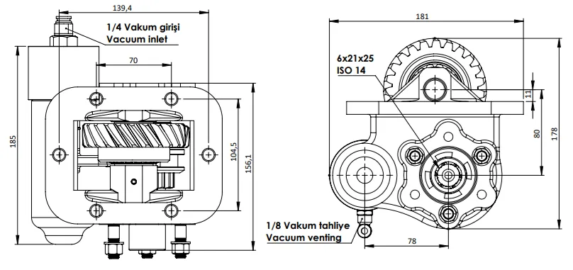 CTM 040 BC2 KV PTO teknik çizimi — kesit, ölçü ve montaj şeması