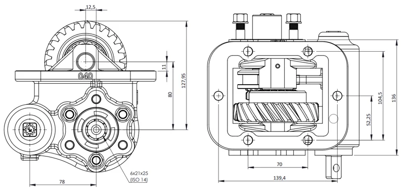 CTM 040 BC2 PTO teknik çizimi — kesit, ölçü ve montaj şeması