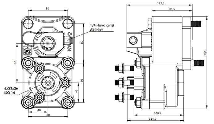 CTM 043 AE PTO teknik çizimi — kesit, ölçü ve montaj şeması