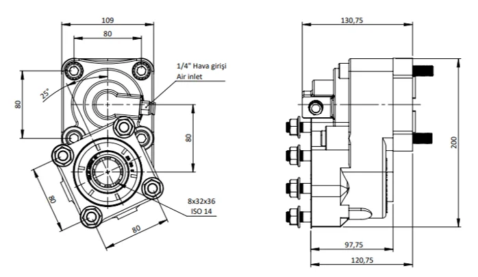 CTM 043 A1 3X PTO teknik çizimi — kesit, ölçü ve montaj şeması