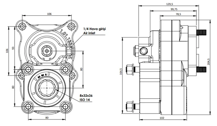 CTM 043 A1 4X PTO teknik çizimi — kesit, ölçü ve montaj şeması