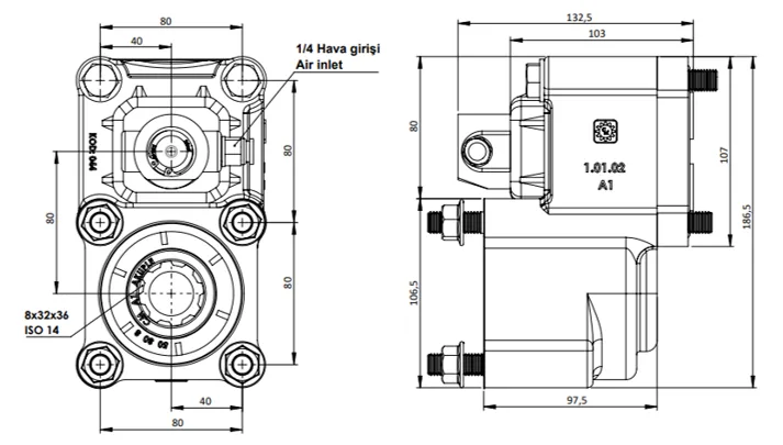 CTM 043 A1 PTO teknik çizimi — kesit, ölçü ve montaj şeması
