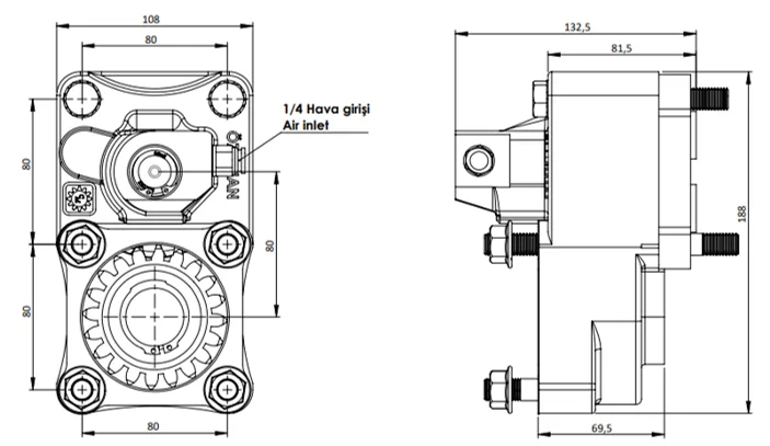 CTM 043 AC1 PTO teknik çizimi — kesit, ölçü ve montaj şeması