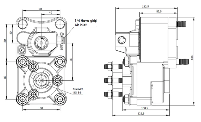 CTM 043 AC2 PTO teknik çizimi — kesit, ölçü ve montaj şeması