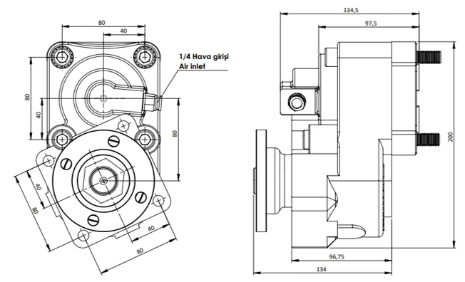 CTM 043 AD1 3X PTO teknik çizimi — kesit, ölçü ve montaj şeması