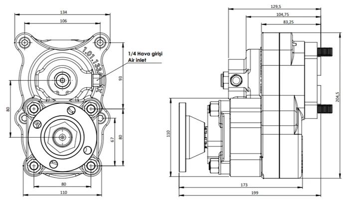CTM 043 AD1 4X PTO teknik çizimi — kesit, ölçü ve montaj şeması
