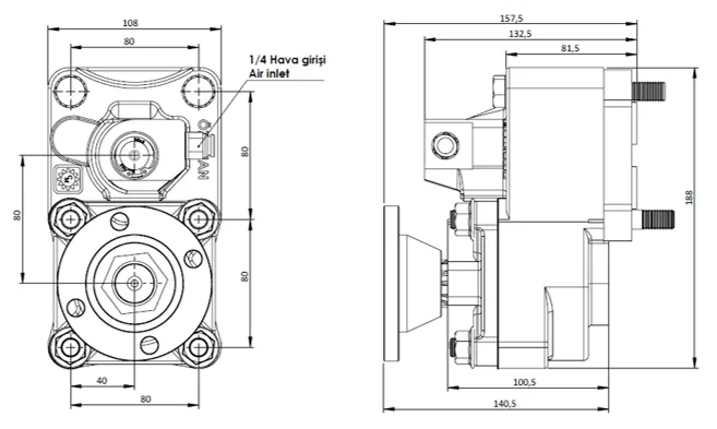 CTM 043 AD1 PTO teknik çizimi — kesit, ölçü ve montaj şeması