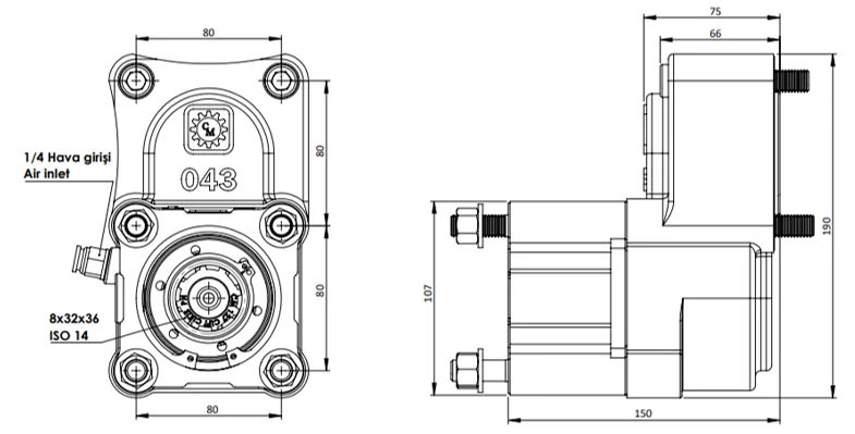 CTM 043 AC1 S PTO teknik çizimi — kesit, ölçü ve montaj şeması
