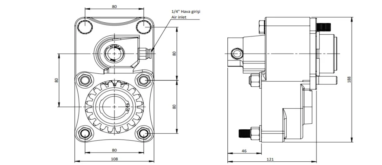 CTM 044 AC1 PTO teknik çizimi — kesit, ölçü ve montaj şeması