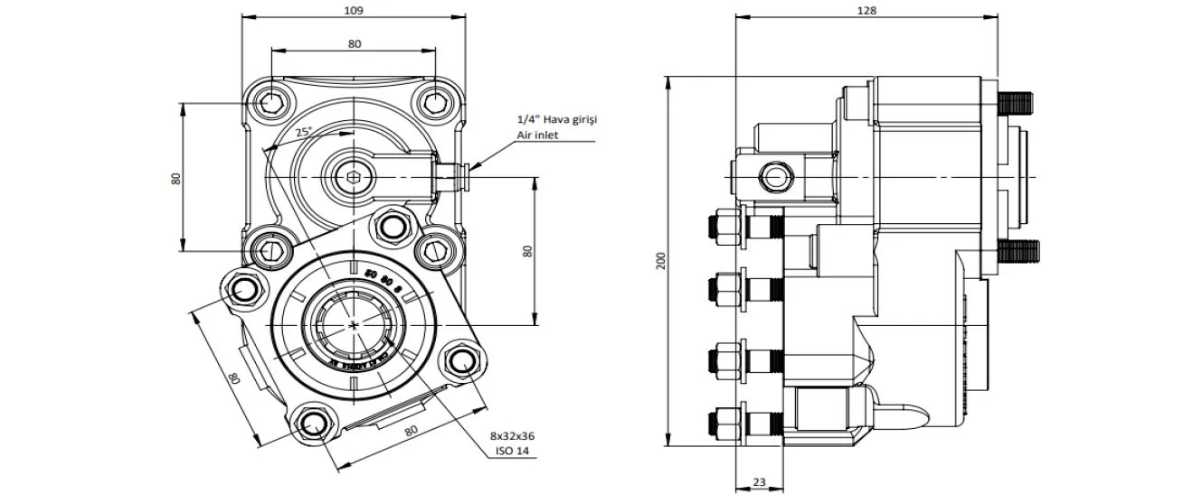 CTM 044 A1 3X PTO teknik çizimi — kesit, ölçü ve montaj şeması
