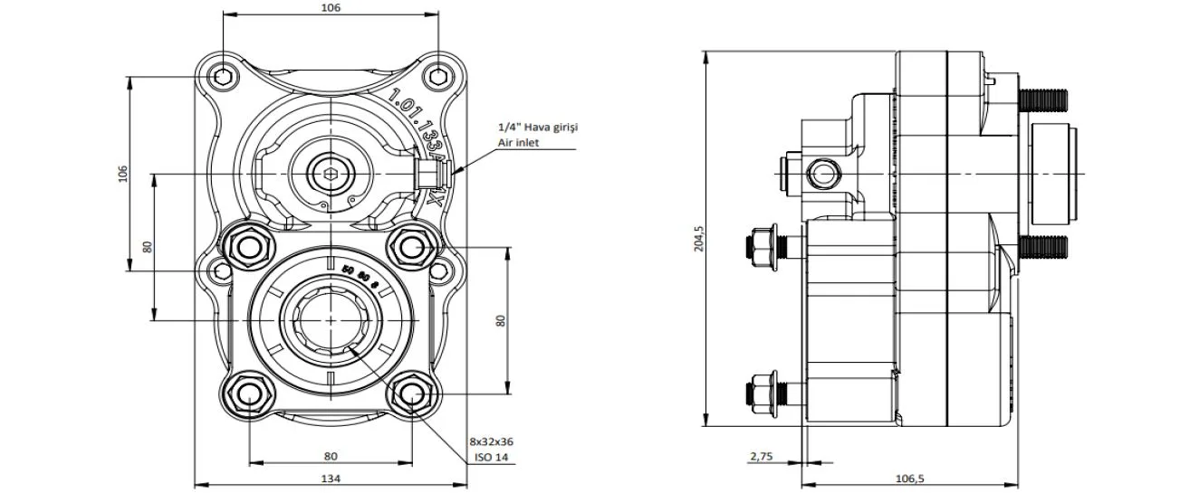 CTM 044 A1 4X PTO teknik çizimi — kesit, ölçü ve montaj şeması