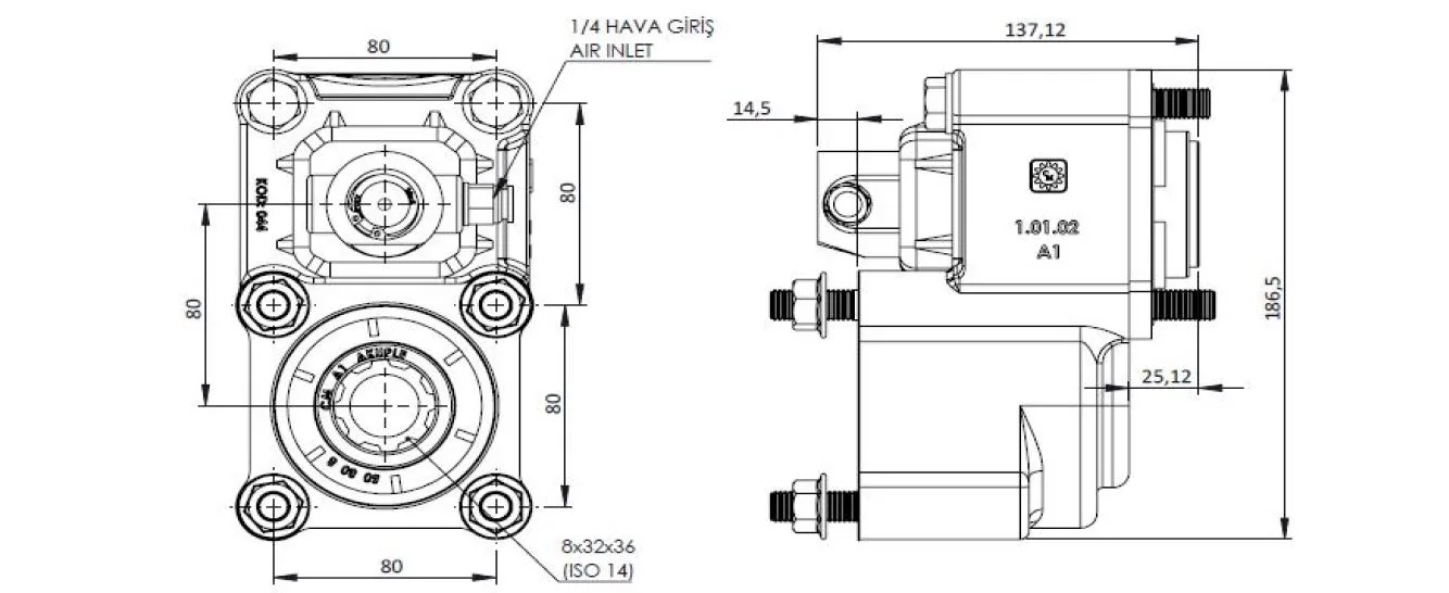 CTM 044 A1 PTO teknik çizimi — kesit, ölçü ve montaj şeması