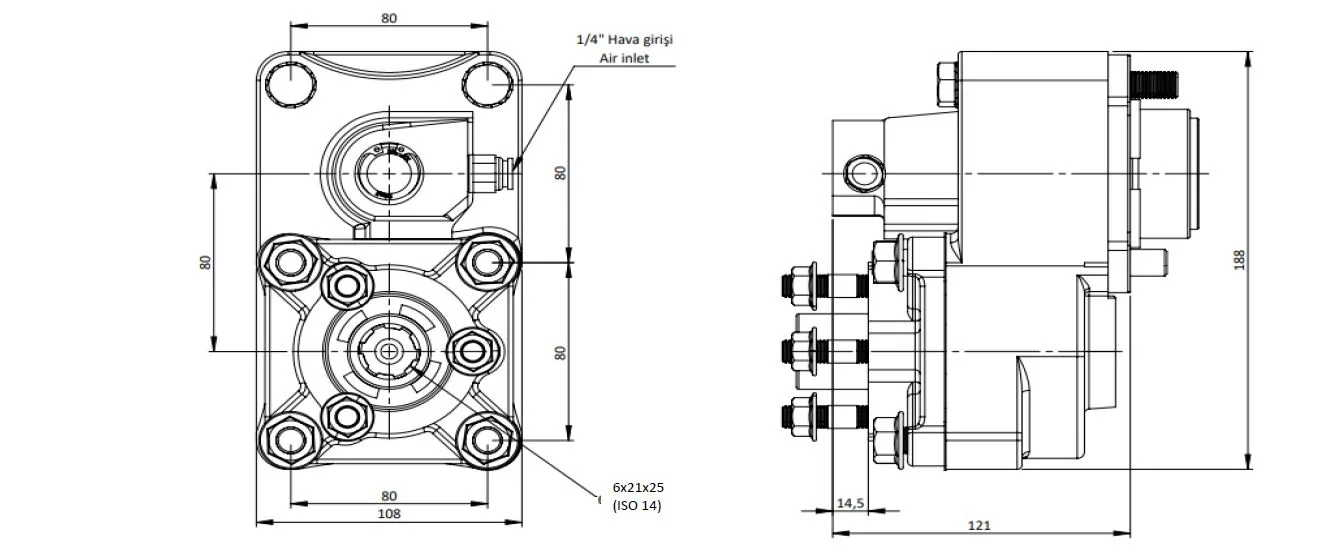 CTM 044 AC2 PTO teknik çizimi — kesit, ölçü ve montaj şeması