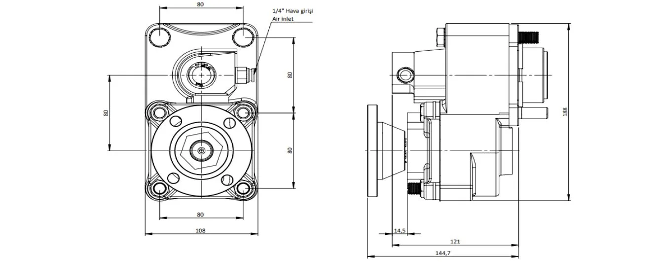 CTM 044 AD PTO teknik çizimi — kesit, ölçü ve montaj şeması