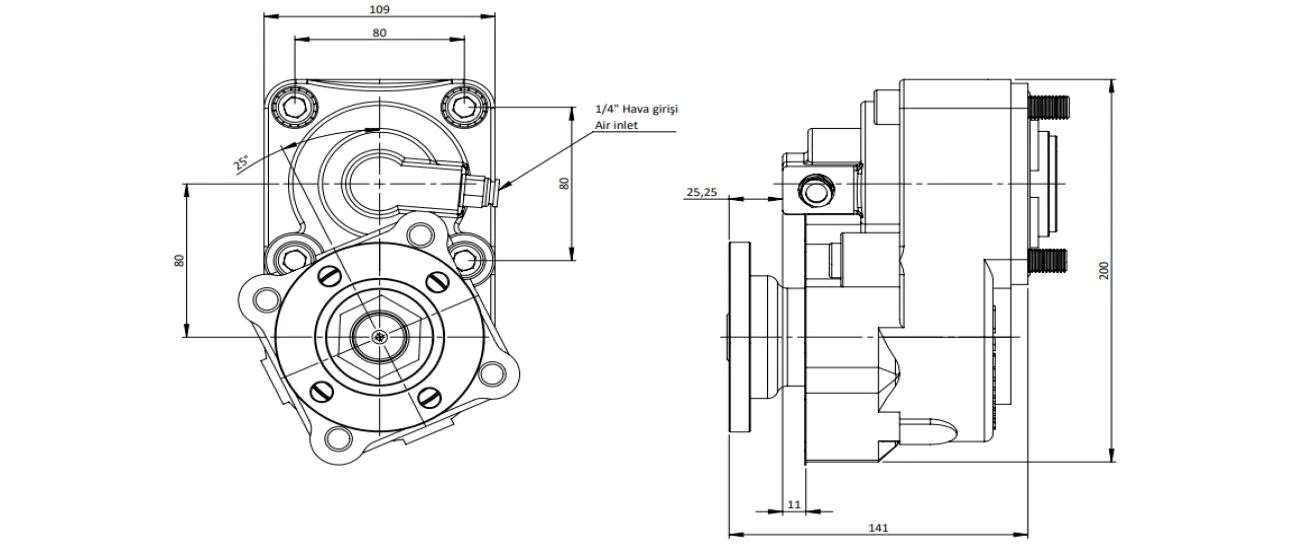 CTM 044 AD1 3X PTO teknik çizimi — kesit, ölçü ve montaj şeması