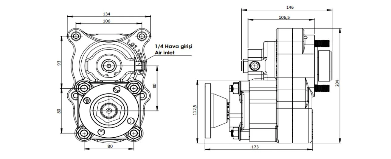 CTM 044 AD1 4X PTO teknik çizimi — kesit, ölçü ve montaj şeması