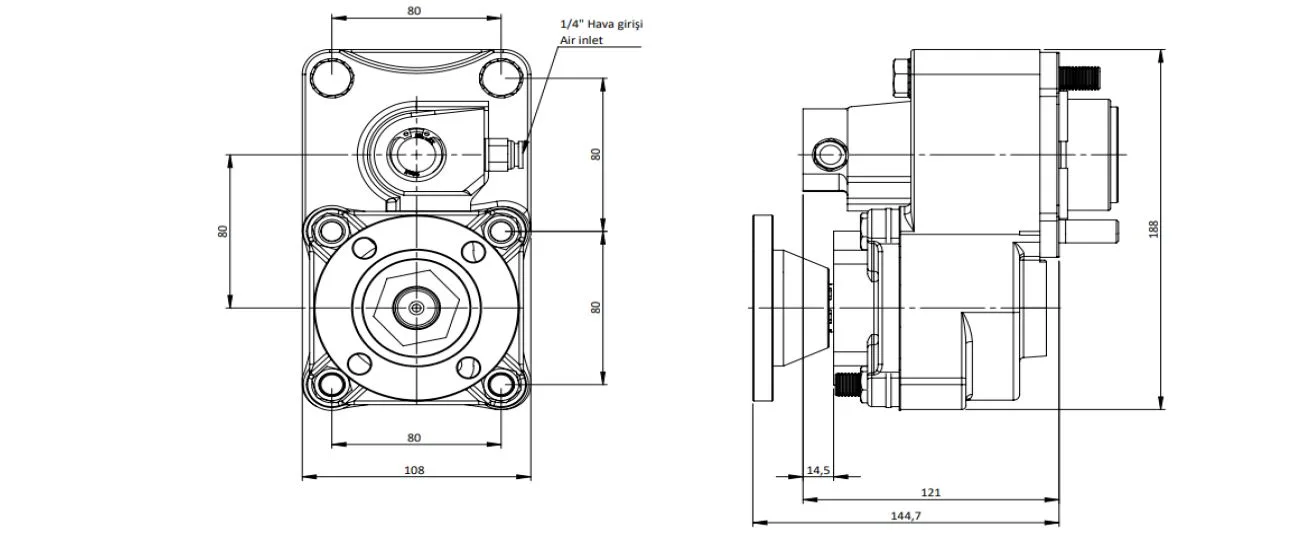 CTM 044 AD1 PTO teknik çizimi — kesit, ölçü ve montaj şeması