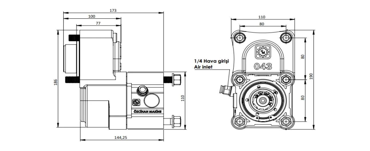 CTM 044 AC1 S PTO teknik çizimi — kesit, ölçü ve montaj şeması