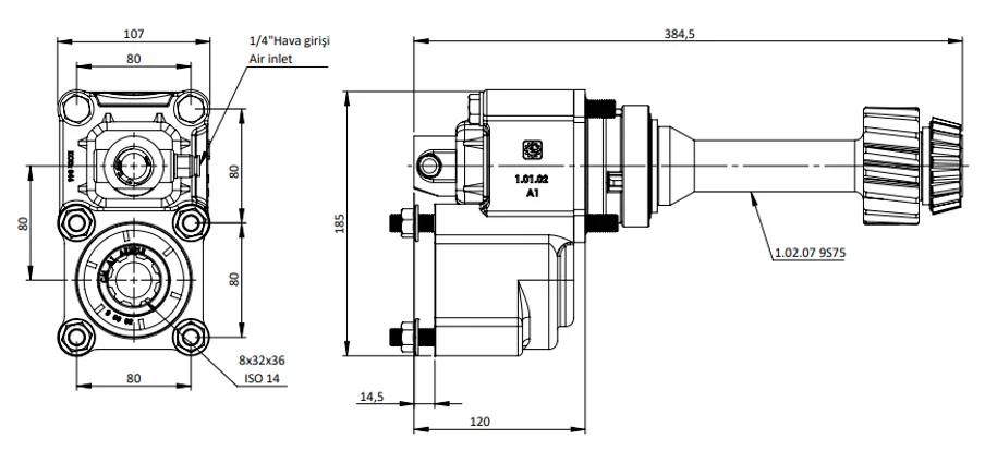CTM 045 A1FY PTO teknik çizimi — kesit, ölçü ve montaj şeması