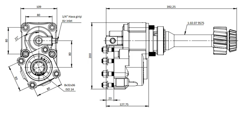CTM 045 A1 3XF PTO teknik çizimi — kesit, ölçü ve montaj şeması