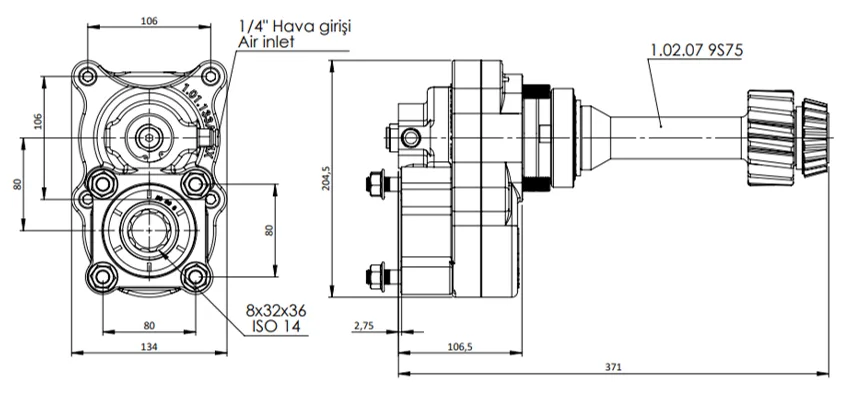 CTM 045 A1 4XF PTO teknik çizimi — kesit, ölçü ve montaj şeması