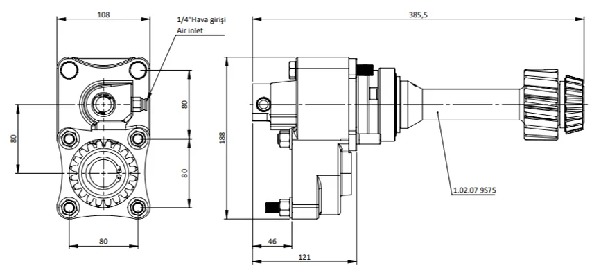 CTM 045 AC1 PTO teknik çizimi — kesit, ölçü ve montaj şeması