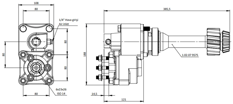 CTM 045 AC2 PTO teknik çizimi — kesit, ölçü ve montaj şeması