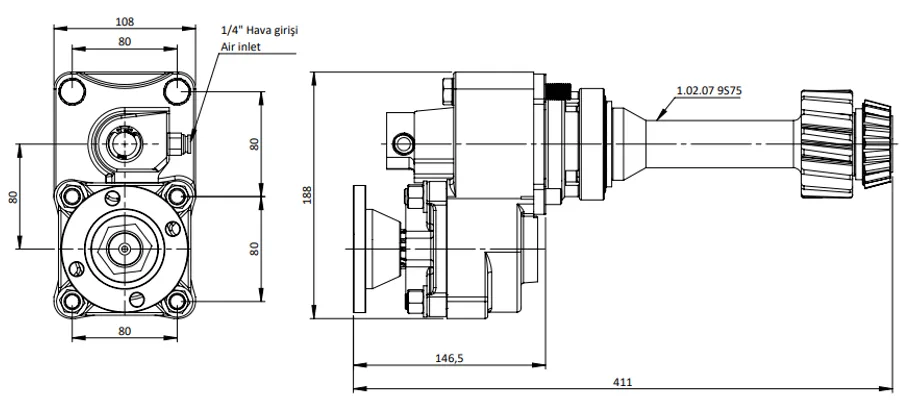 CTM 045 ADF PTO teknik çizimi — kesit, ölçü ve montaj şeması