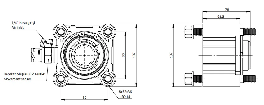 CTM 046 AC1 T PTO teknik çizimi — kesit, ölçü ve montaj şeması