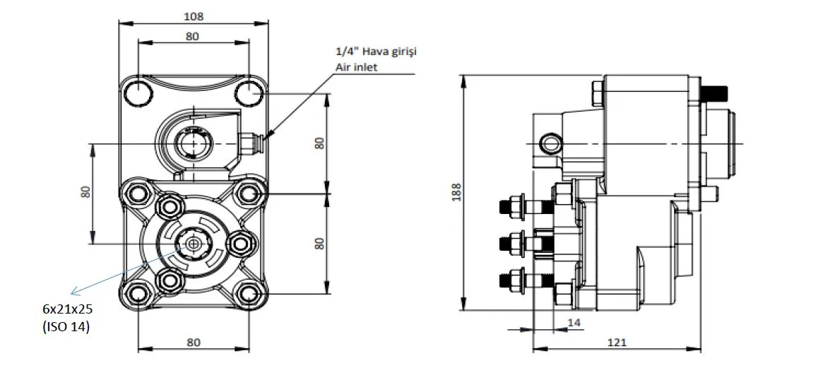 CTM 046 AE PTO teknik çizimi — kesit, ölçü ve montaj şeması