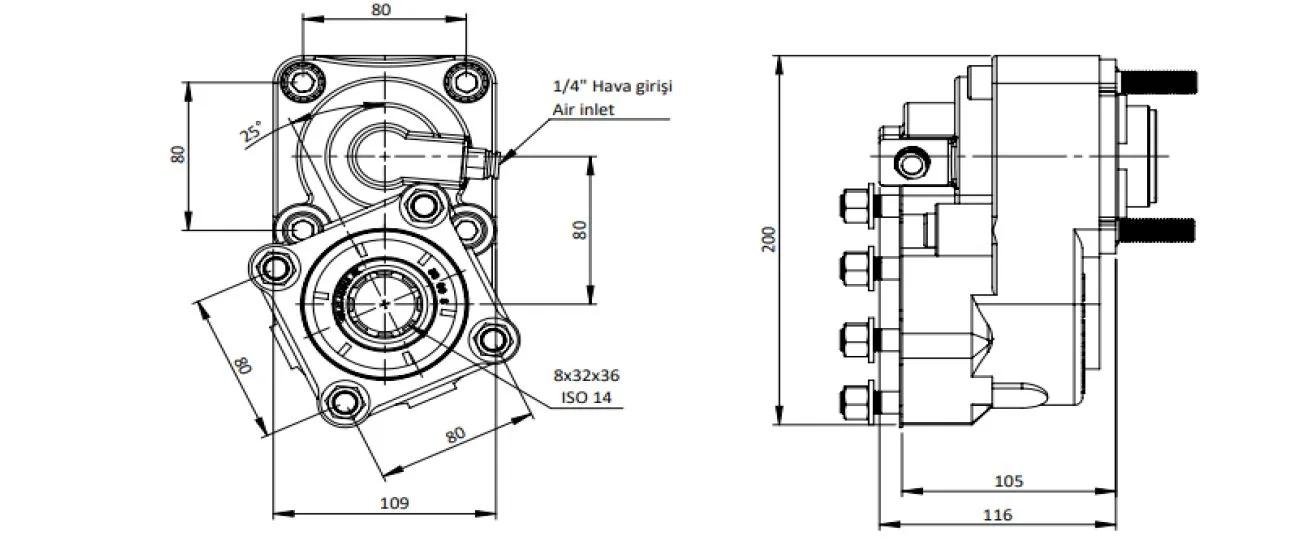 CTM 046 A1 3X PTO teknik çizimi — kesit, ölçü ve montaj şeması
