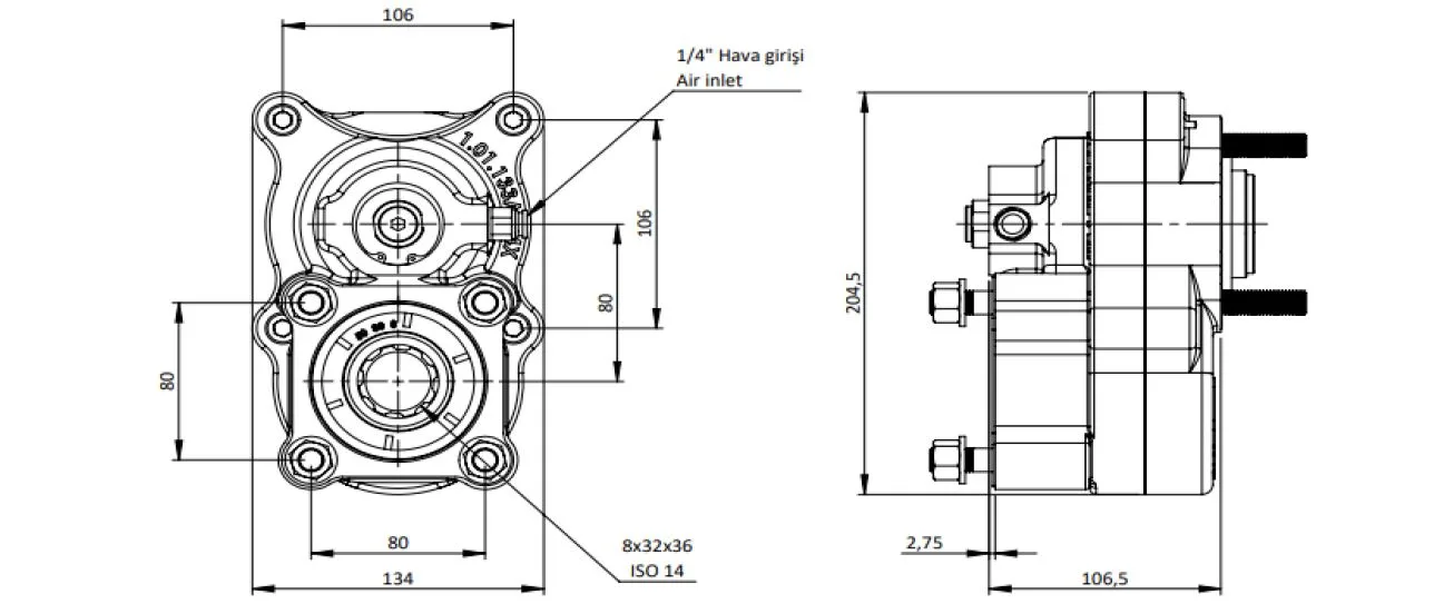 CTM 046 A1 4X PTO teknik çizimi — kesit, ölçü ve montaj şeması