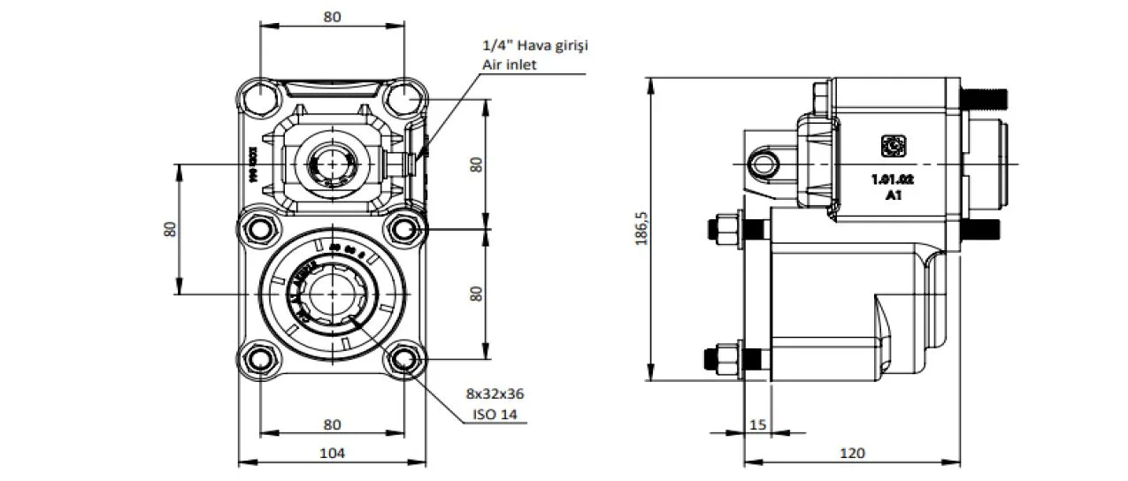 CTM 046 A1 PTO teknik çizimi — kesit, ölçü ve montaj şeması