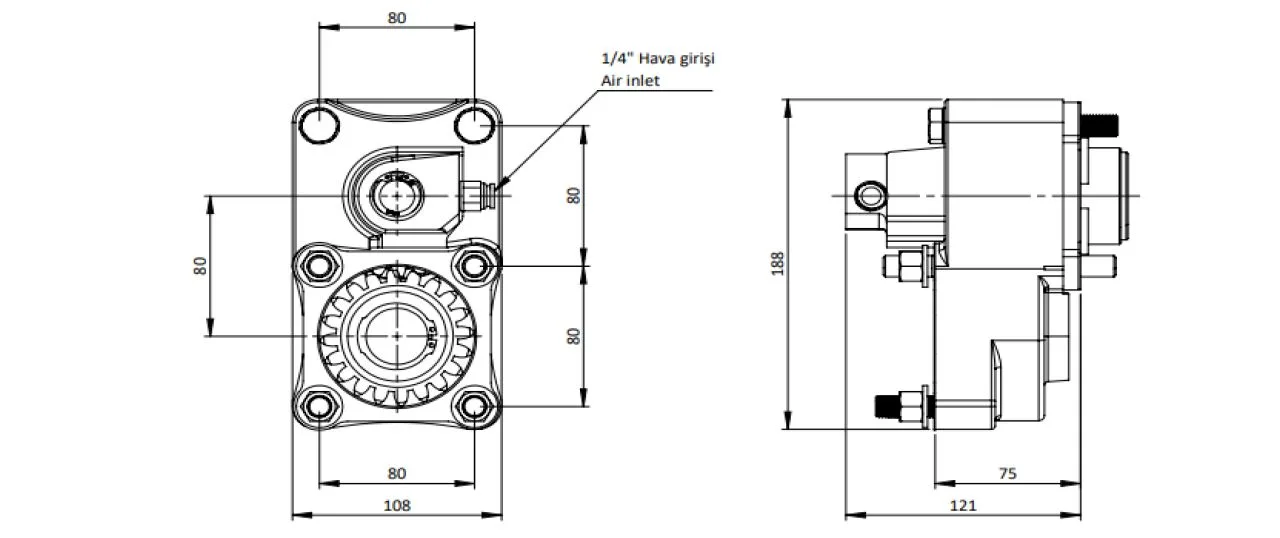 CTM 046 AC1 PTO teknik çizimi — kesit, ölçü ve montaj şeması