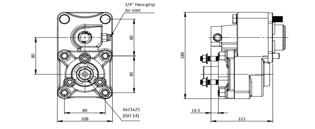 CTM 046 AC2 PTO teknik çizimi — kesit, ölçü ve montaj şeması