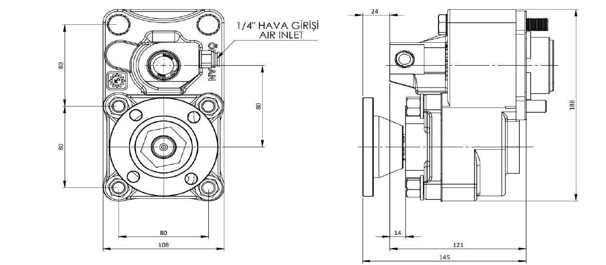 CTM 046 AD PTO teknik çizimi — kesit, ölçü ve montaj şeması