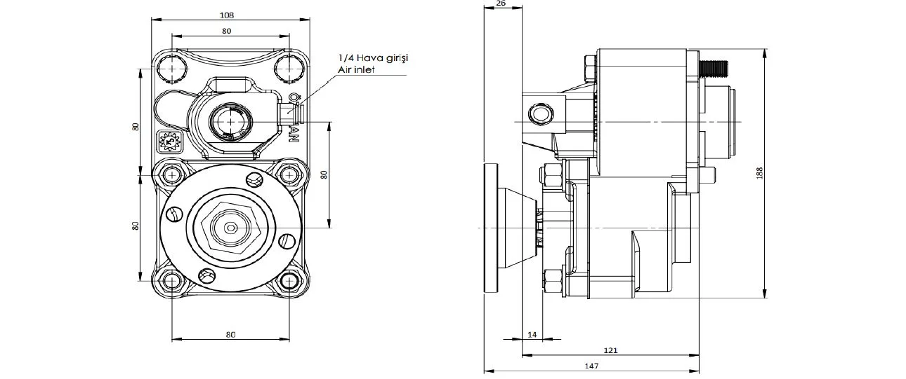 CTM 046 AD1 PTO teknik çizimi — kesit, ölçü ve montaj şeması