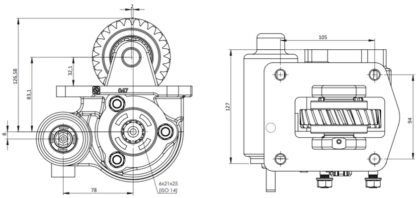 CTM 047 BE PTO teknik çizimi — kesit, ölçü ve montaj şeması