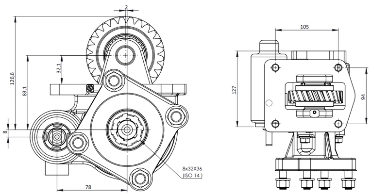 CTM 047 BC1 PTO teknik çizimi — kesit, ölçü ve montaj şeması