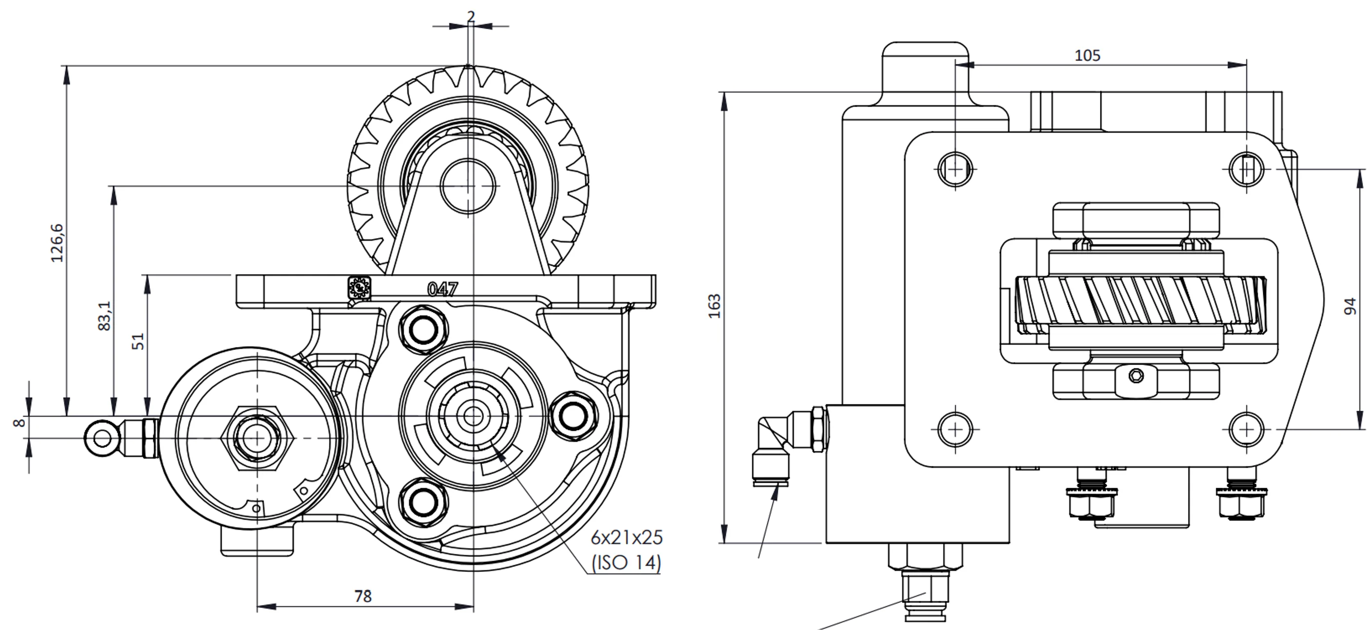 CTM 047 BC2 KV PTO teknik çizimi — kesit, ölçü ve montaj şeması