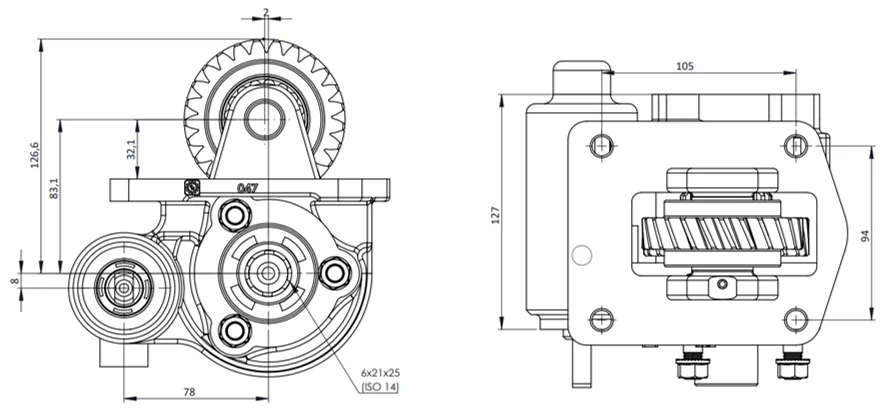 CTM 047 BC2 PTO teknik çizimi — kesit, ölçü ve montaj şeması