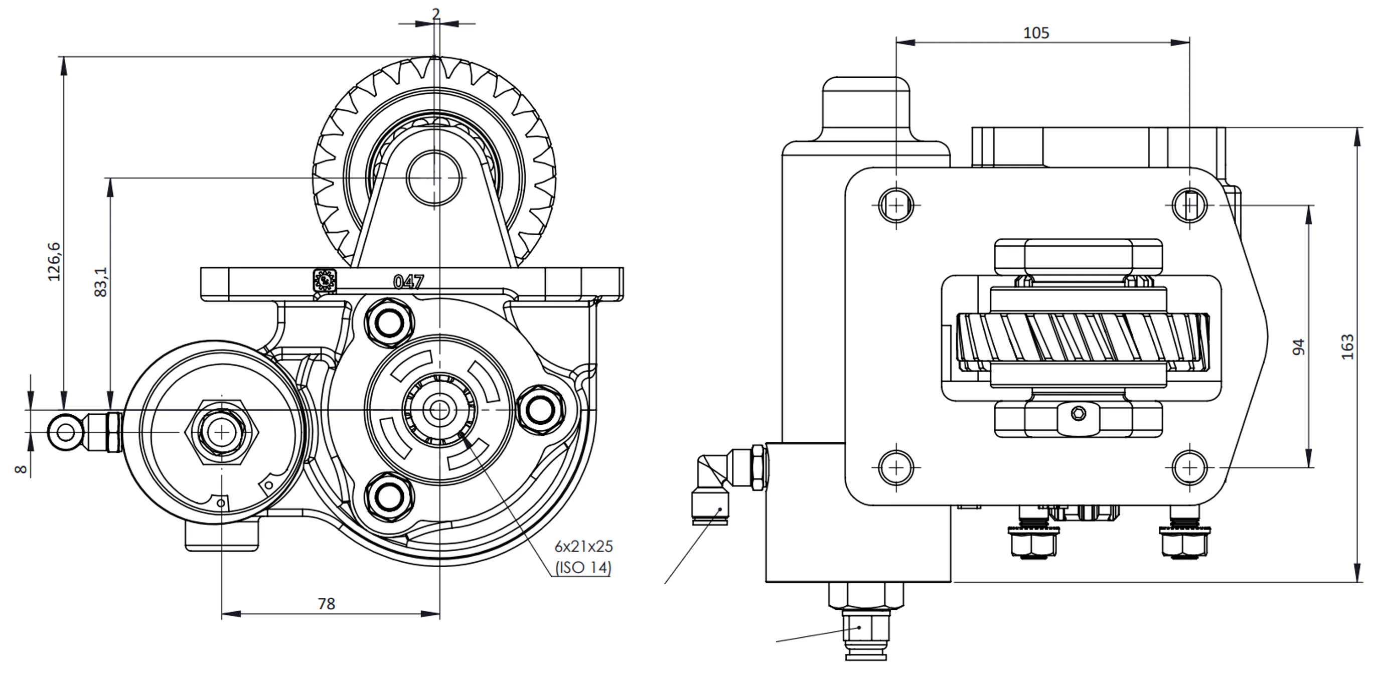 CTM 047 BE KV PTO teknik çizimi — kesit, ölçü ve montaj şeması
