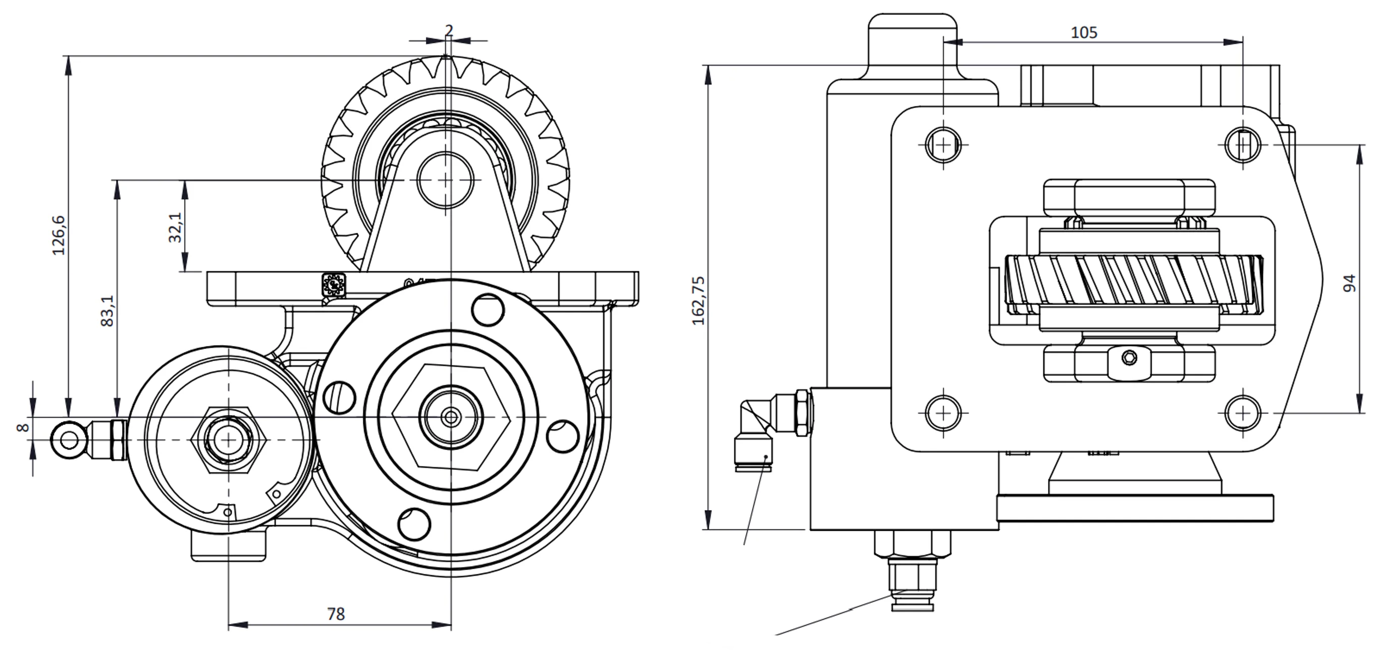 CTM 047 BD KV PTO teknik çizimi — kesit, ölçü ve montaj şeması