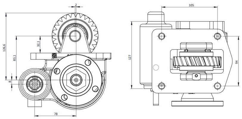 CTM 047 BD PTO teknik çizimi — kesit, ölçü ve montaj şeması
