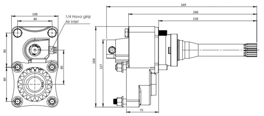 CTM 049 AC1 PTO teknik çizimi — kesit, ölçü ve montaj şeması