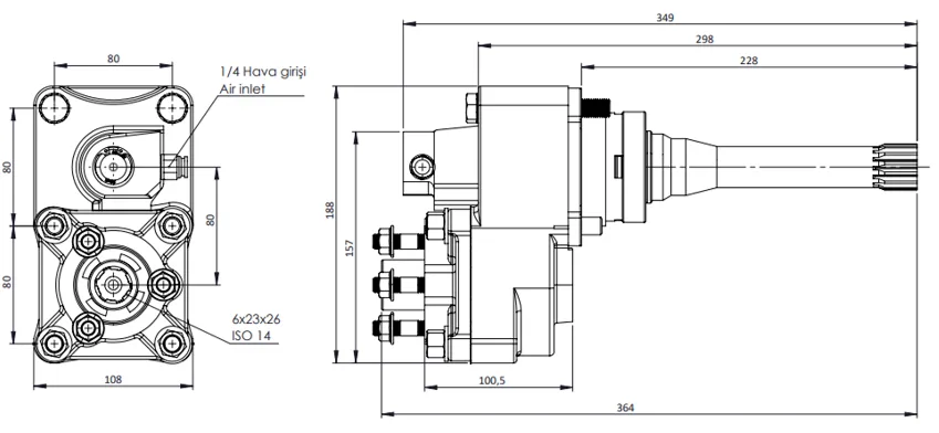 CTM 049 AC2 PTO teknik çizimi — kesit, ölçü ve montaj şeması